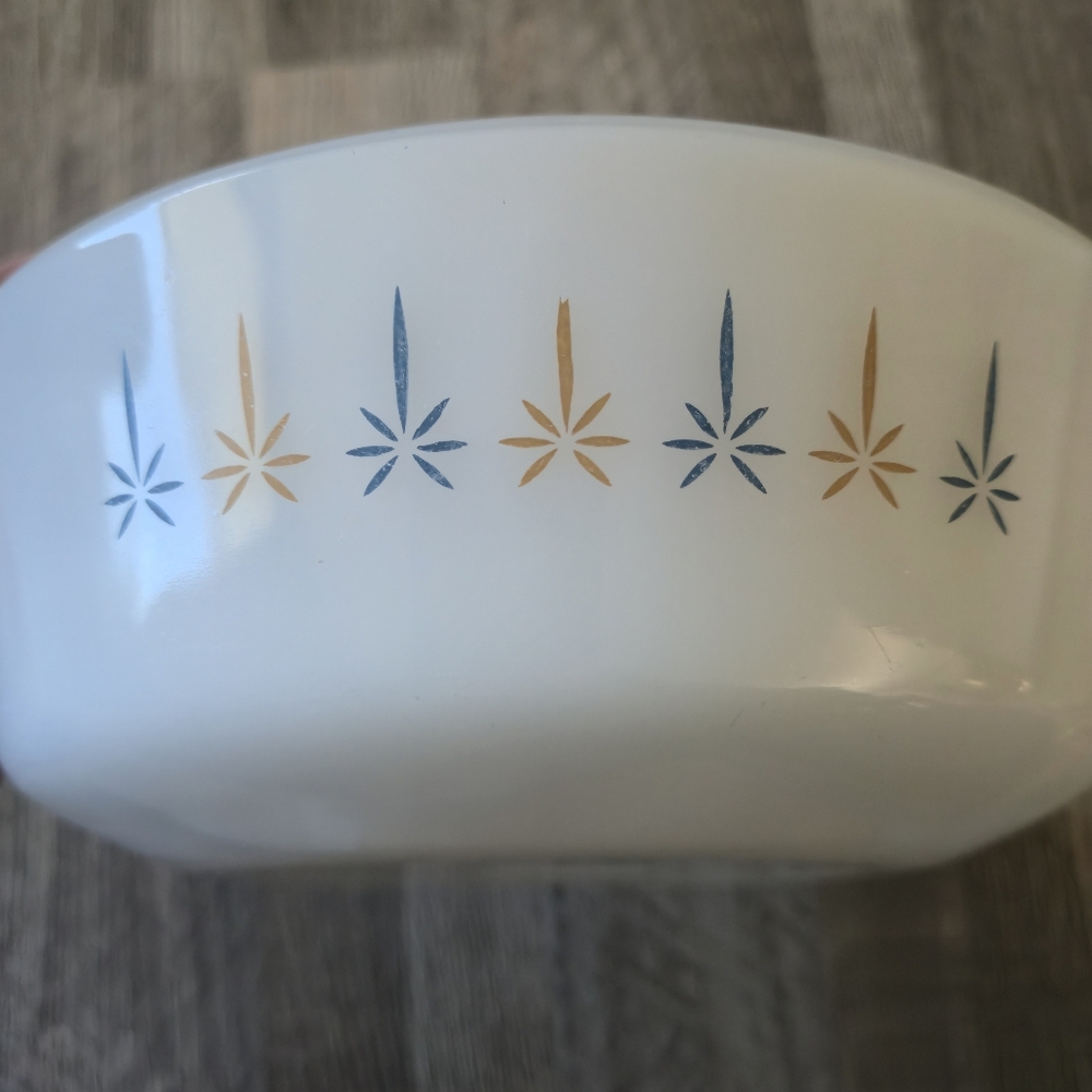 Fire King Candle Glow Casserole Bowl Anchor Hocking Blue Gold Atomic Starburst - Picture 7 of 7